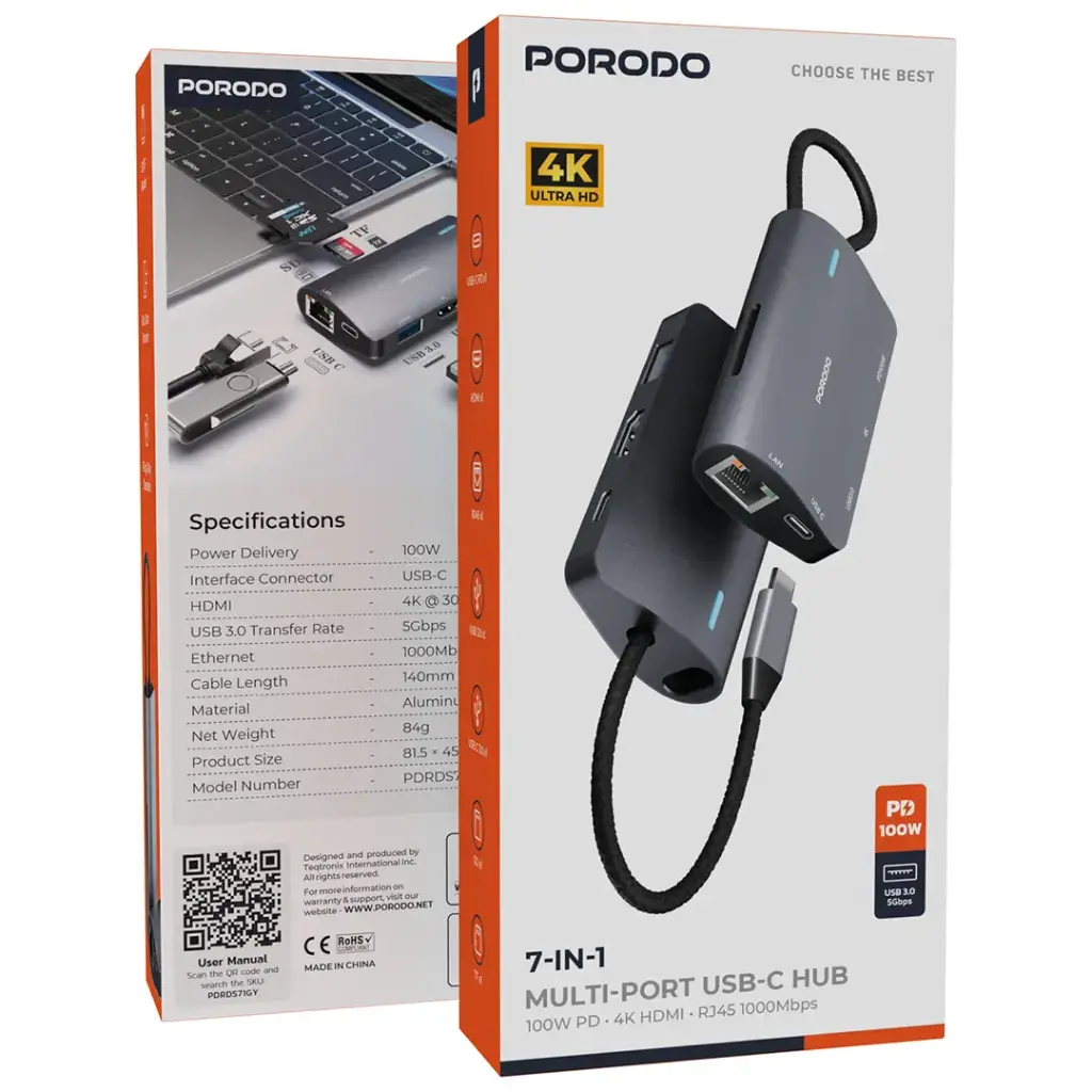 PORODO 4K ULTRA HD 7 IN 1 MULTI PORT USB C HUB PD100W GREY PDRDS71GY thumbnail 5