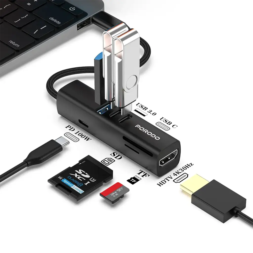 PORODO 7 IN 1 MULTI PORT USB HUB WITH 5 GBPS TRANSFER SPEED BLACK PD35037IN1BK thumbnail 3