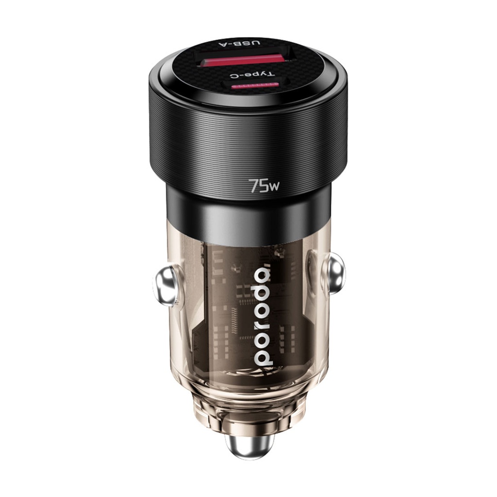 PORODO 75W DUAL PORT TRANSPARENT ALUMINIUM CAR CHARGER BLACK PD-75TDCC-BK thumbnail 6