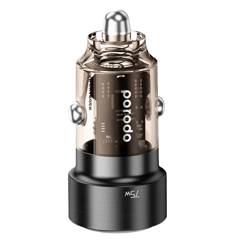 PORODO 75W DUAL PORT TRANSPARENT ALUMINIUM CAR CHARGER BLACK PD-75TDCC-BK thumbnail 5