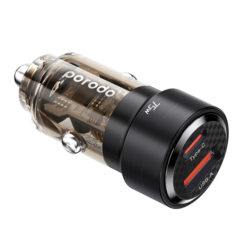 PORODO 75W DUAL PORT TRANSPARENT ALUMINIUM CAR CHARGER BLACK PD-75TDCC-BK thumbnail 7
