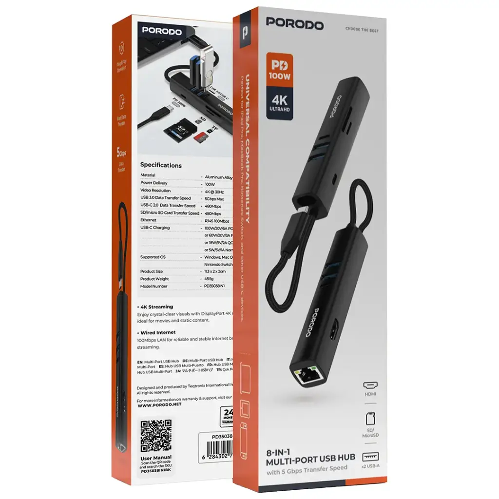 PORODO 8 IN 1 MULTI PORT USB HUB WITH 5 GBPS TRANSFER SPEED BLACK PD35038IN1BK thumbnail 4