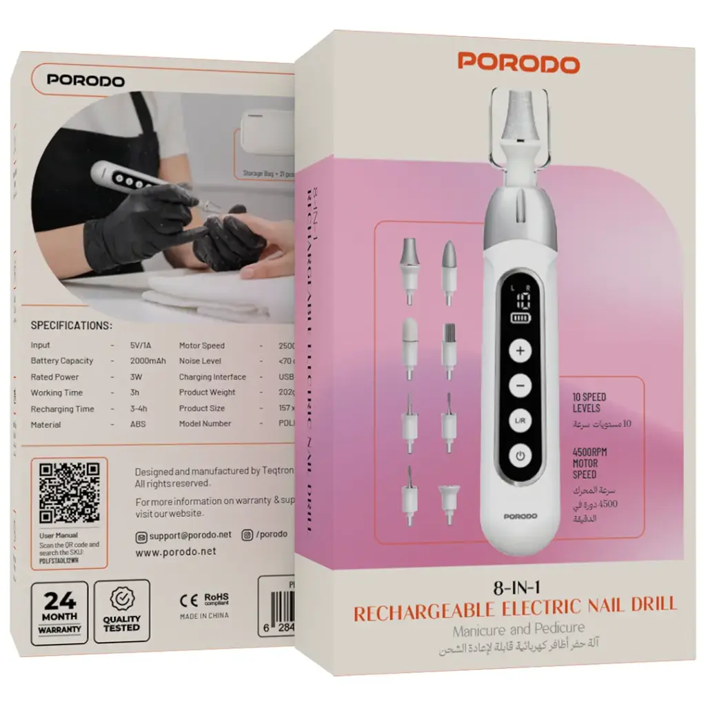 PORODO 8 IN 1 RECHARGEABLE ELECTRIC NAIL DRILL WHITE PDLFSTA0L12WH thumbnail 5