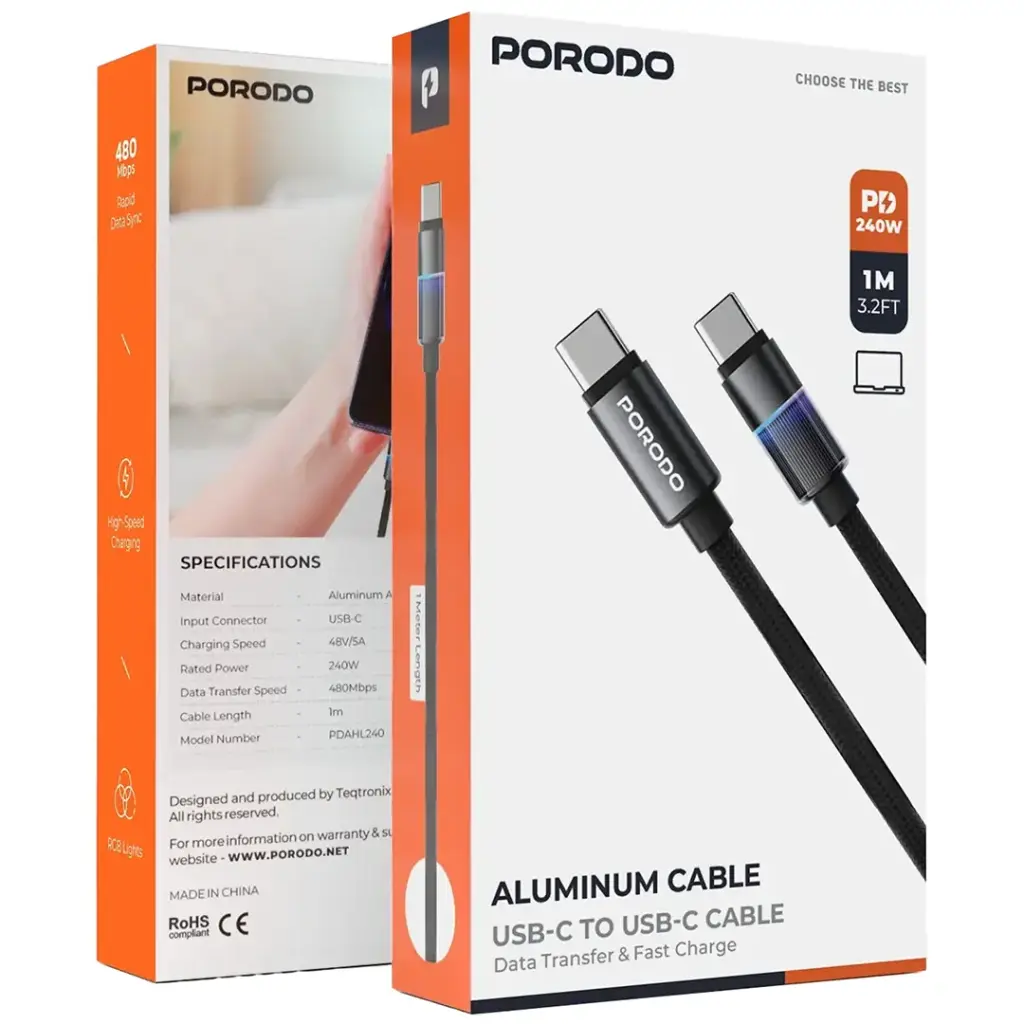 PORODO ALUMINUM CABLE USB C TO USB C CABLE 240W 1M BLACK PDAHL240BK thumbnail 3