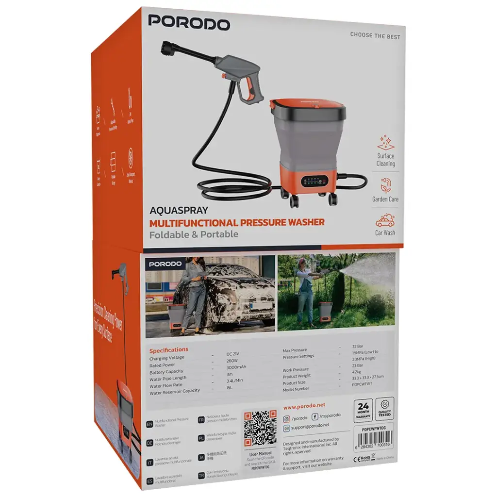 PORODO AQUASPRAY MULTIFUNCTIONAL PRESSURE WASHER FOLDABLE AND PORTABLE ORANGE PDPCWFWTOG thumbnail 5