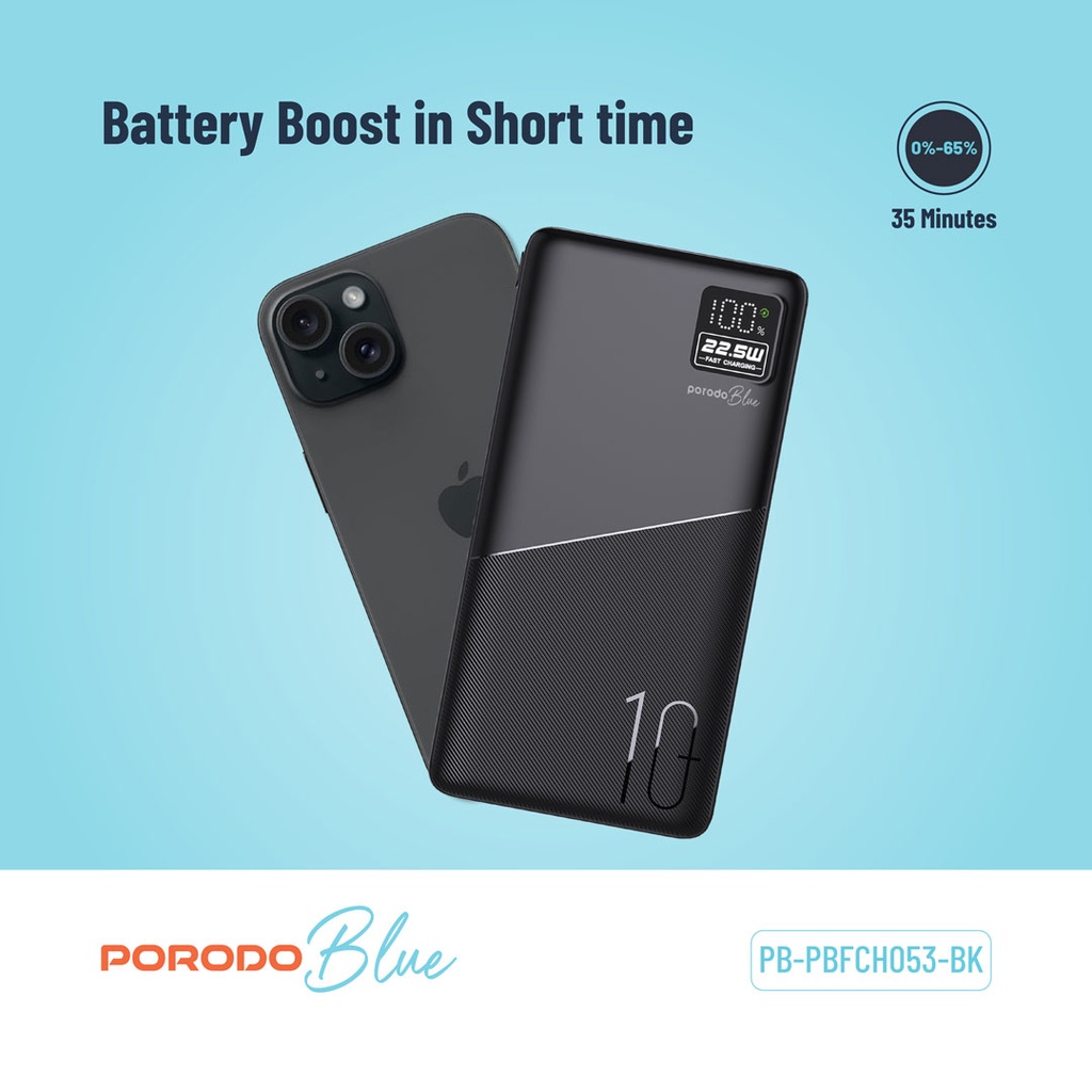 PORODO BLUE 10000MAH QUICK CHARGE POWERBANK USB A TO USB C BLACK PB-PBFCH053-BK thumbnail 6