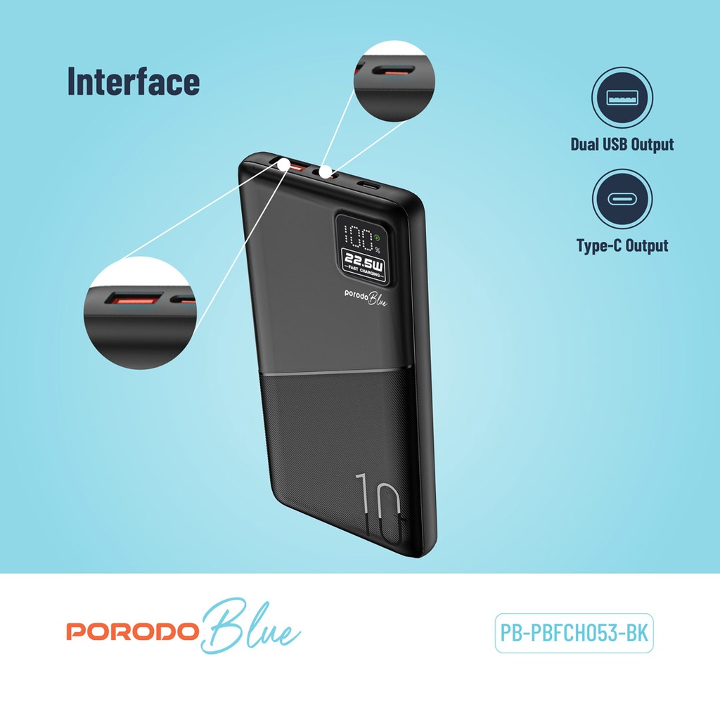 PORODO BLUE 10000MAH QUICK CHARGE POWERBANK USB A TO USB C BLACK PB-PBFCH053-BK thumbnail 5