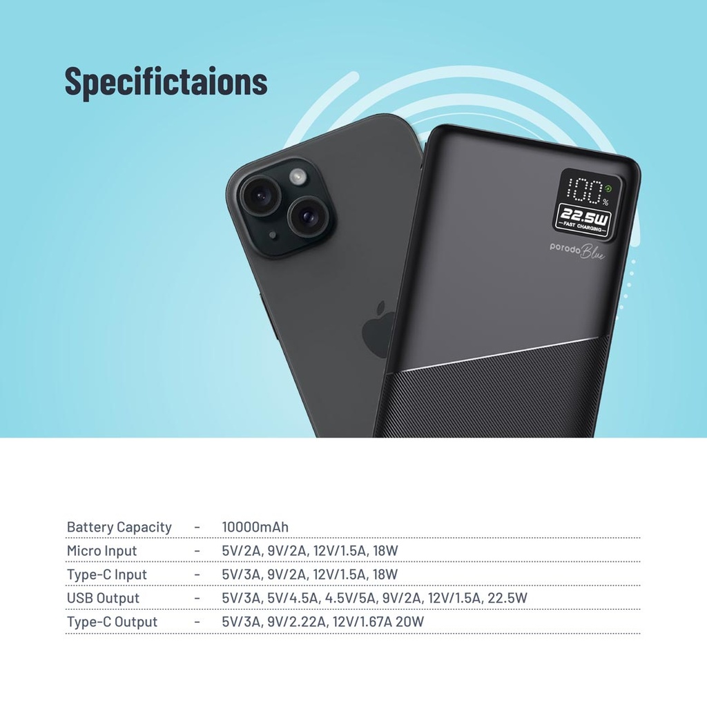 PORODO BLUE 10000MAH QUICK CHARGE POWERBANK USB A TO USB C BLACK PB-PBFCH053-BK thumbnail 7