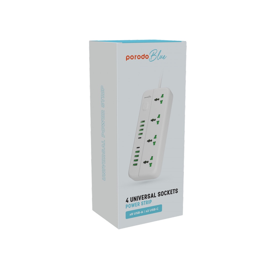 PORODO BLUE 4 UNIVERSAL SOCKET POWER STRIP 3M WHITE PB-4ACPS2C8A-WH thumbnail 6