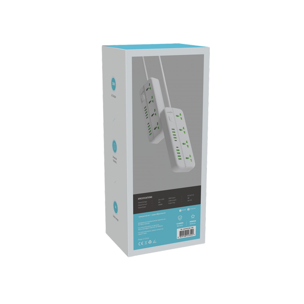 PORODO BLUE 4 UNIVERSAL SOCKET POWER STRIP 3M WHITE PB-4ACPS2C8A-WH thumbnail 5