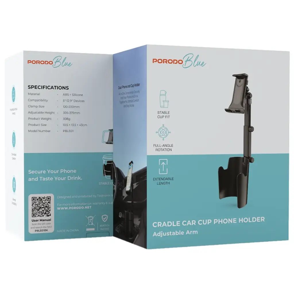 PORODO BLUE CRADLE CAR CUP PHONE HOLDER ADJUSTABLE ARM BLACK PBLE01BK thumbnail 5