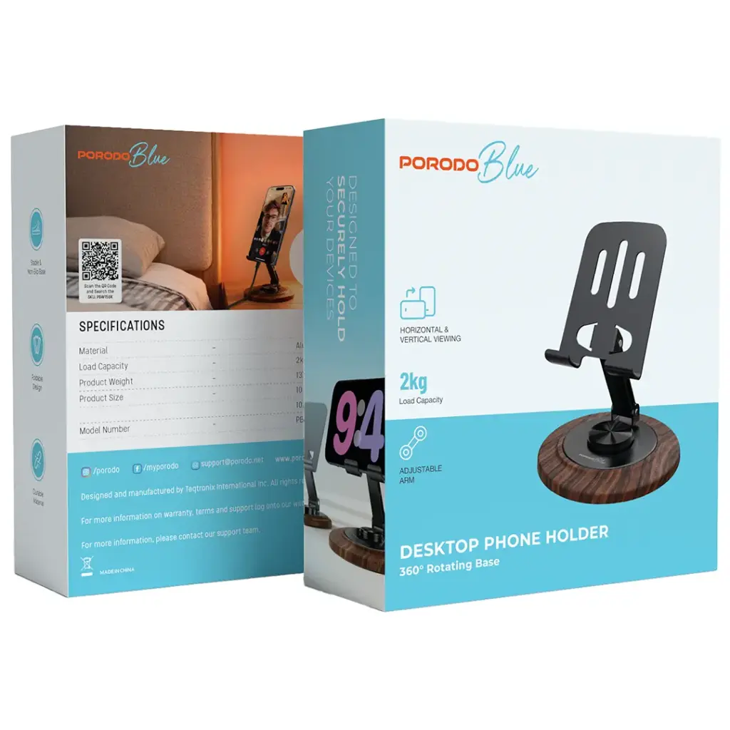 PORODO BLUE DESKTOP PHONE HOLDER 360 ROTATING BASE BLACK PBW15BK thumbnail 5