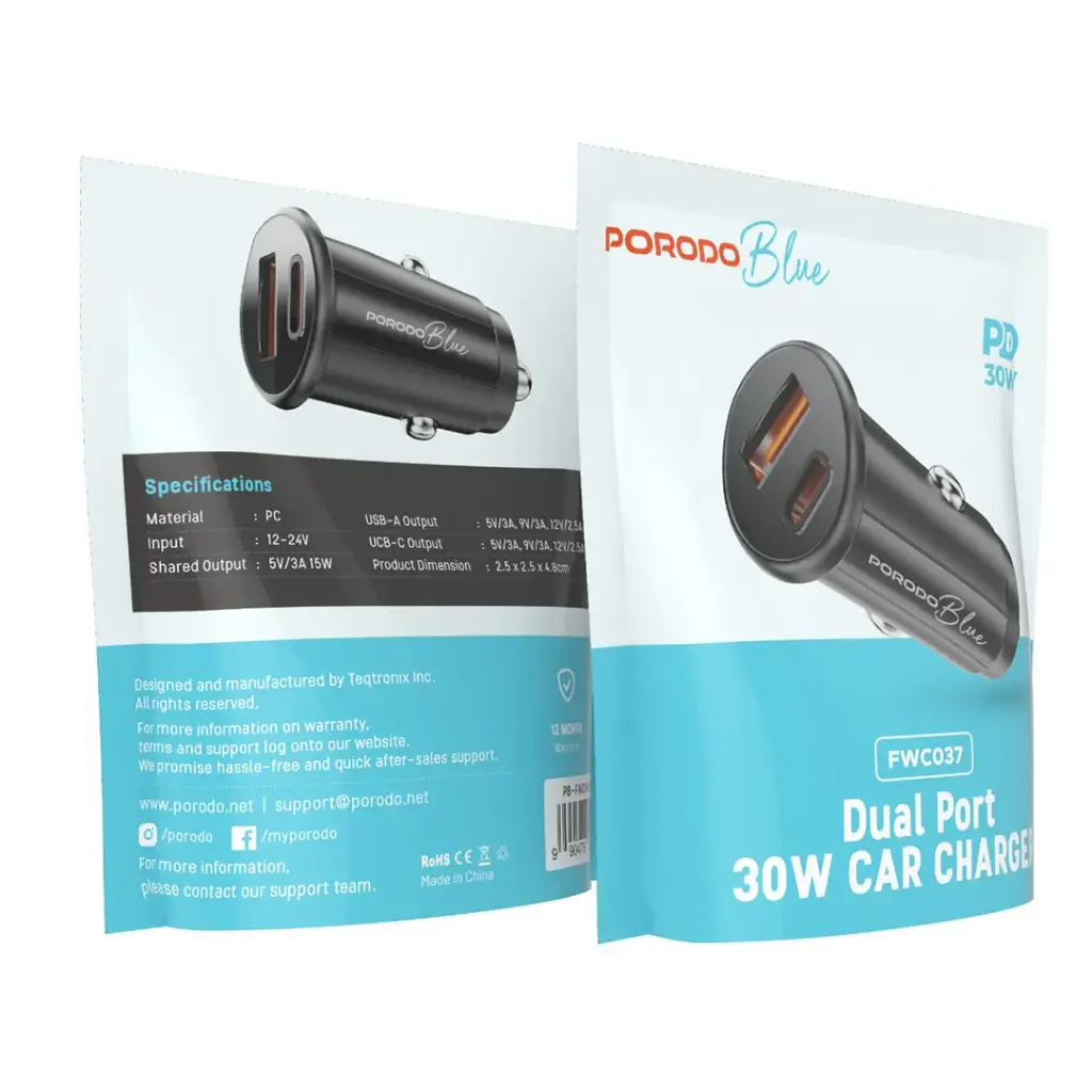 PORODO BLUE DUAL PORT 30W CAR CHARGER BLACK PB-FWCH037-BK thumbnail 3