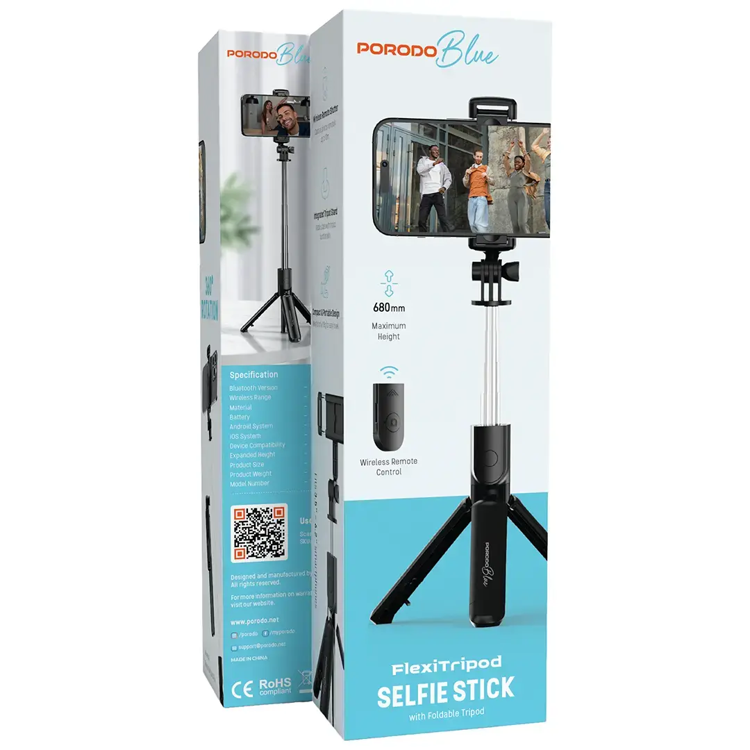 PORODO BLUE FLEXI TRIPOD SELFIE STICK WITH FOLDABLE TRIPOD BLACK PBS03SSTBK thumbnail 7