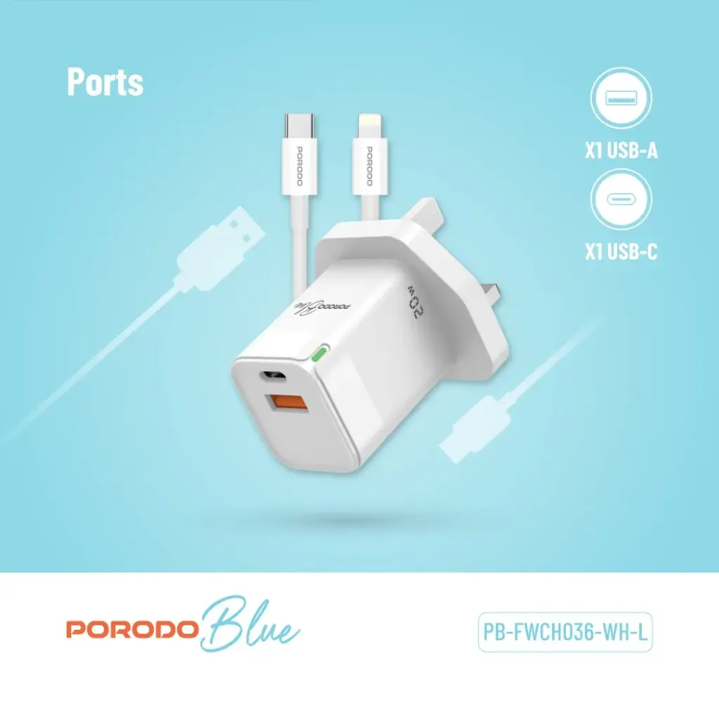 PORODO BLUE USB A AND USB C 20W ULTRA QUICK CHARGER WITH LIGHTNING CABLE WHITE PB-FWCH036-WH-L thumbnail 10