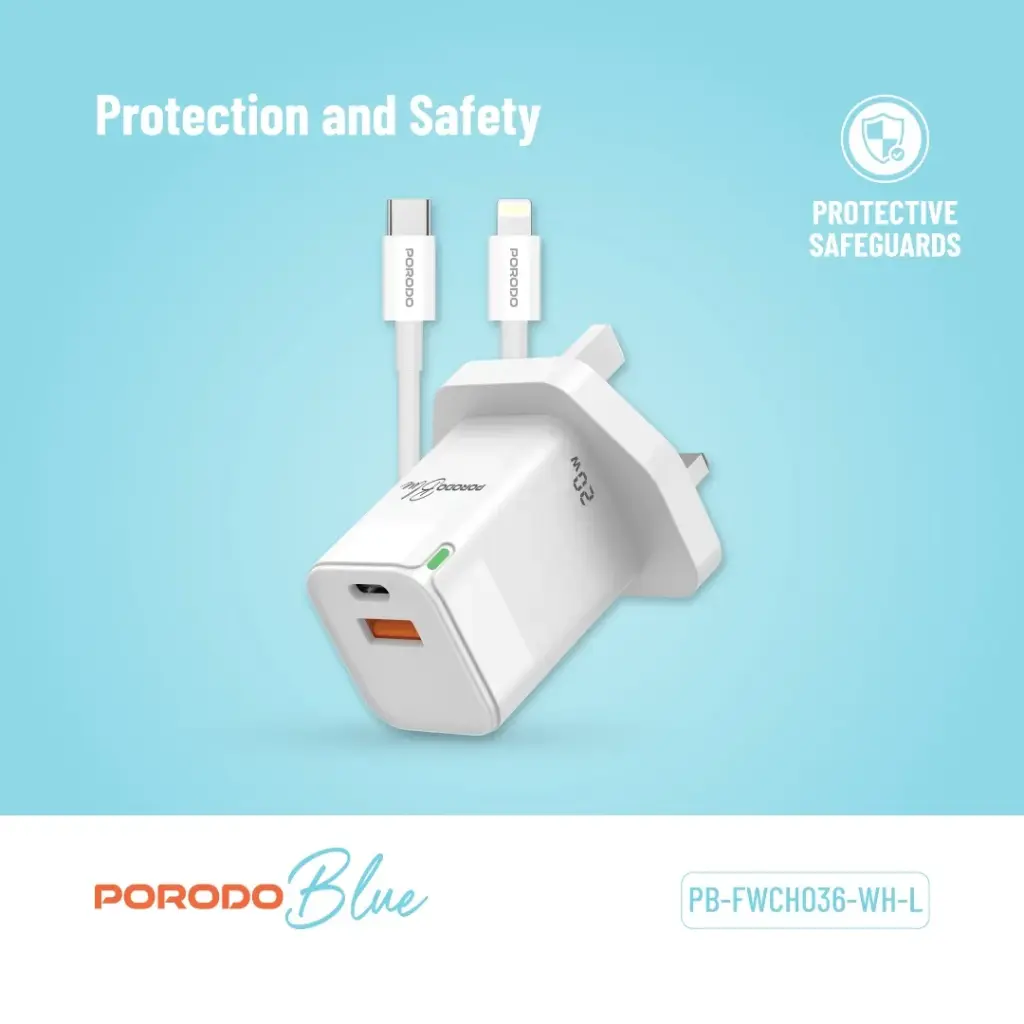 PORODO BLUE USB A AND USB C 20W ULTRA QUICK CHARGER WITH LIGHTNING CABLE WHITE PB-FWCH036-WH-L thumbnail 9