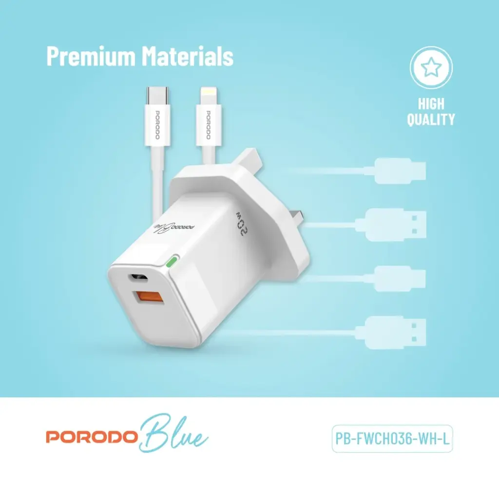 PORODO BLUE USB A AND USB C 20W ULTRA QUICK CHARGER WITH LIGHTNING CABLE WHITE PB-FWCH036-WH-L thumbnail 12