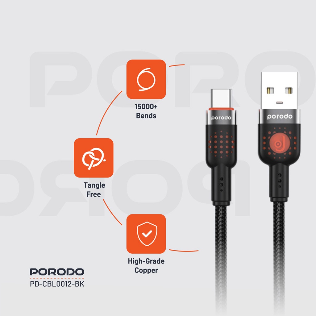 PORODO USB A TO TYPE C BRAIDED CABLE 1.2M BLACK PD-CBL0012-BK thumbnail 17
