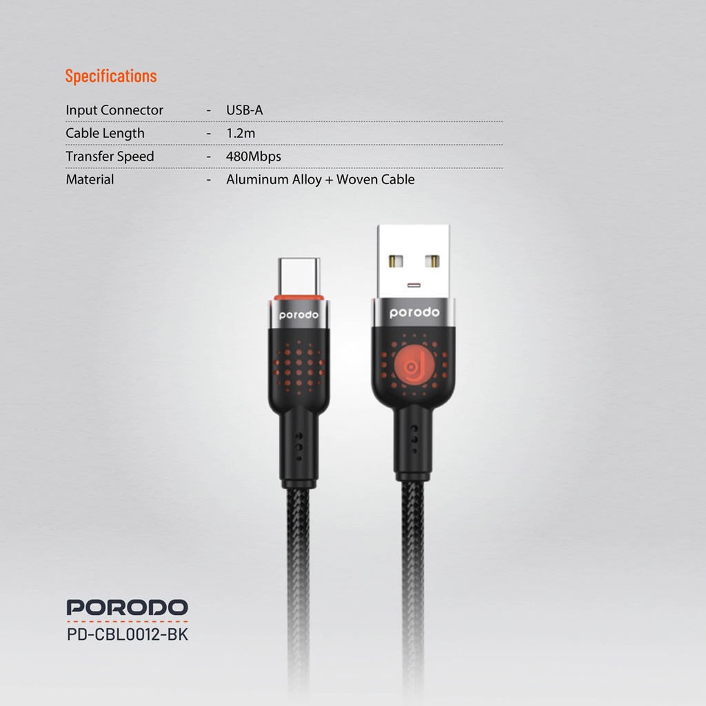 PORODO USB A TO TYPE C BRAIDED CABLE 1.2M BLACK PD-CBL0012-BK thumbnail 12