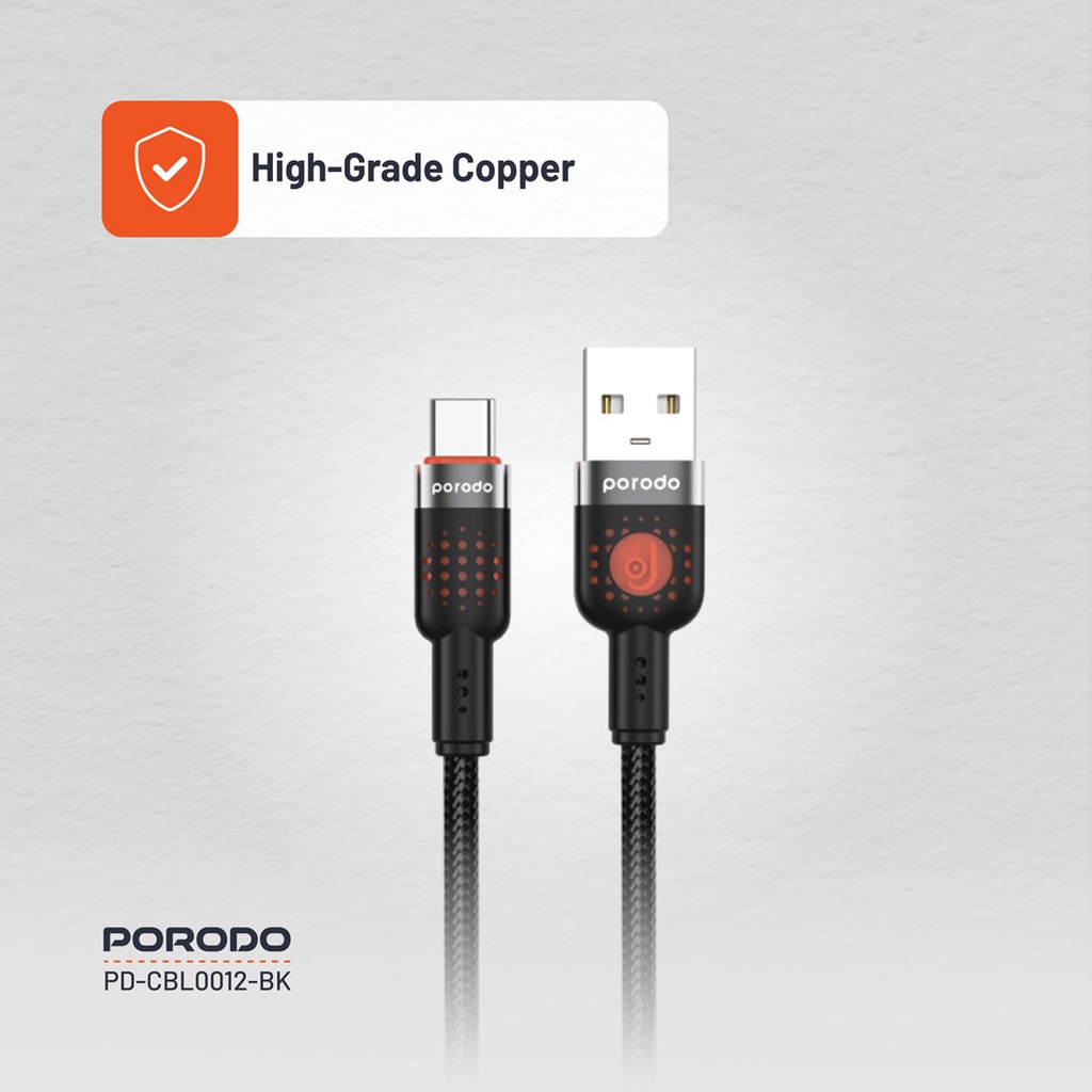 PORODO LED BRAIDED USB A TO USB C CABLE CHARGING & DATA TRANSFER BLACK PDCBLXGH02BK thumbnail 9