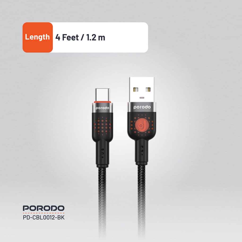 PORODO LED BRAIDED USB A TO USB C CABLE CHARGING & DATA TRANSFER BLACK PDCBLXGH02BK thumbnail 16