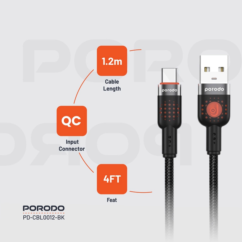PORODO LED BRAIDED USB A TO USB C CABLE CHARGING & DATA TRANSFER BLACK PDCBLXGH02BK thumbnail 13