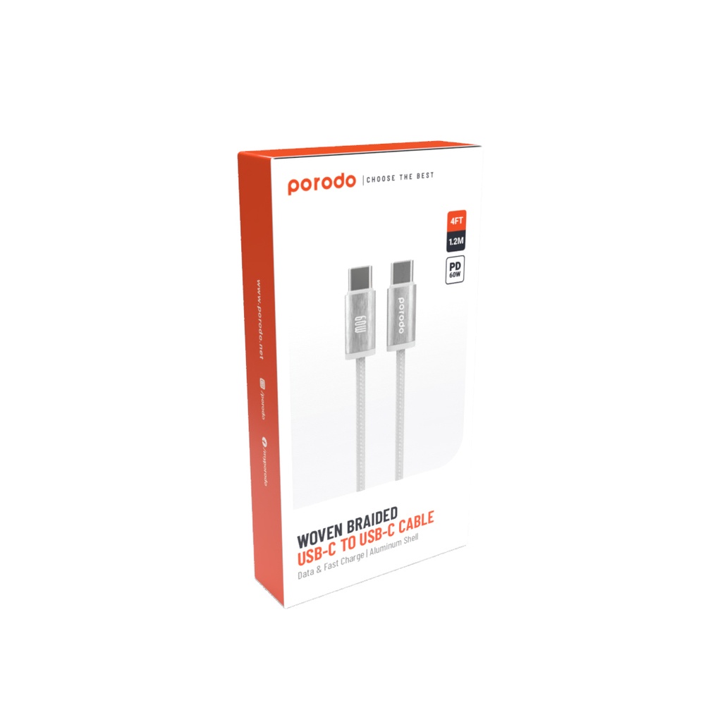 PORODO WOVEN BRAIDED USB C TO USB C CABLE DATA & FAST CHARGE ALUMINUM SHELL 1.2M WHITE PD-W60CC1-WH thumbnail 3