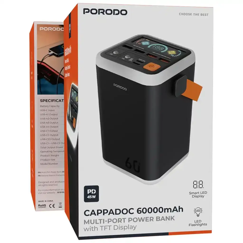 PORODO CAPPADOC 60000MAH MULTI PORT POWER BANK WITH TFT DISPLAY BLACK PDPBFCH4560BK thumbnail 3