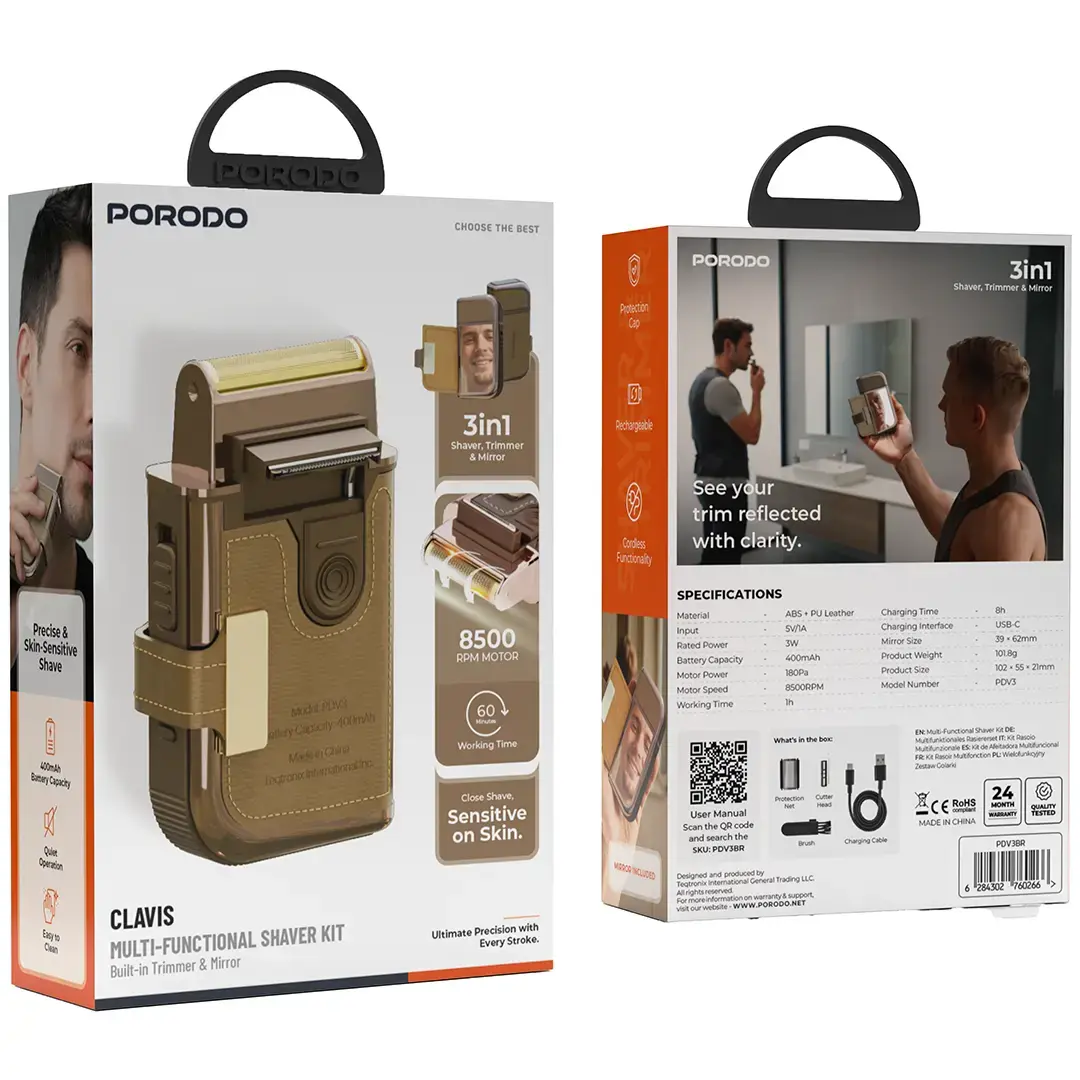 PORODO CLAVIS MULTI FUNCTIONAL SHAVER KIT BUILT IN TRIMMER AND MIRROR BROWN PDV3BR thumbnail 11
