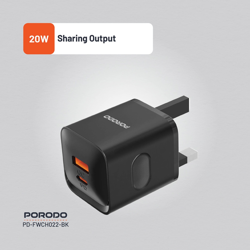 PORODO DUAL PORT WALL CHARGER PD20W QC20W USB C AND USB A OUTPUT BLACK PD-FWCH022-BK thumbnail 18