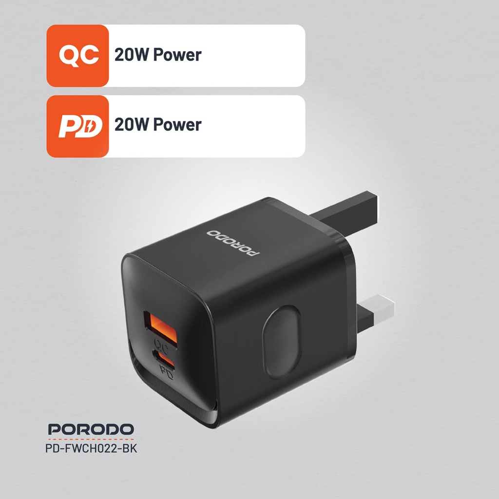 PORODO DUAL PORT WALL CHARGER PD20W QC20W USB C AND USB A OUTPUT BLACK PD-FWCH022-BK thumbnail 17