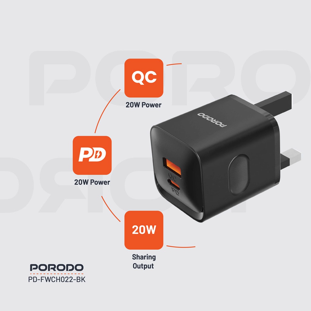 PORODO DUAL PORT WALL CHARGER PD20W QC20W USB C AND USB A OUTPUT BLACK PD-FWCH022-BK thumbnail 13