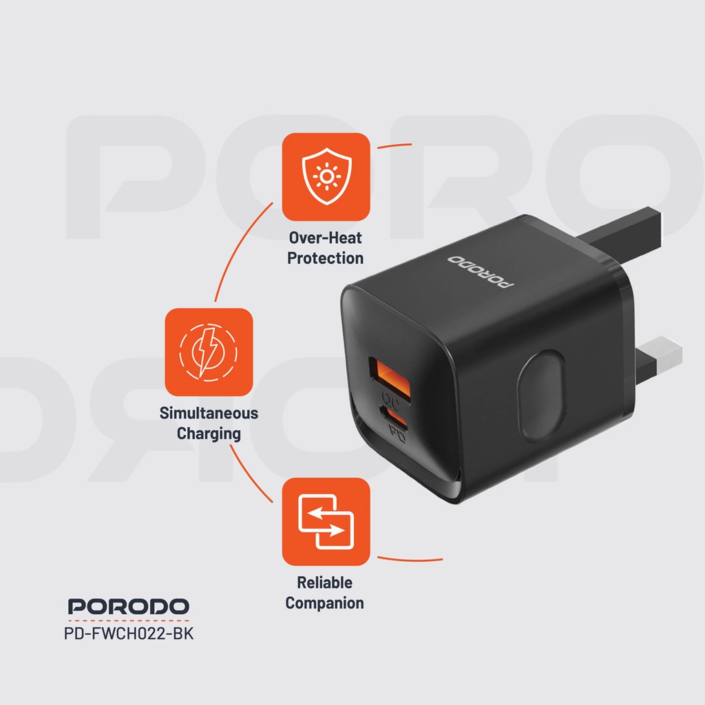 PORODO DUAL PORT WALL CHARGER PD20W QC20W USB C AND USB A OUTPUT BLACK PD-FWCH022-BK thumbnail 12