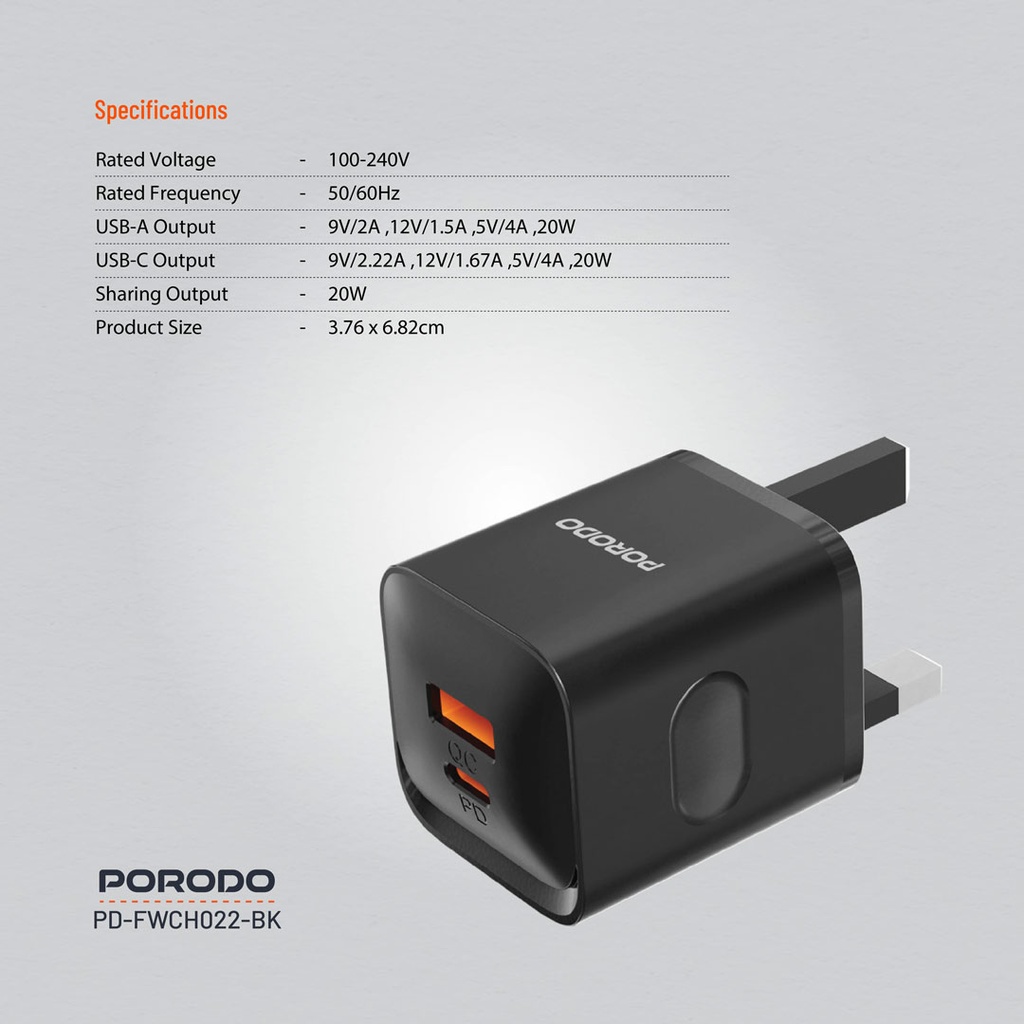 PORODO DUAL PORT WALL CHARGER PD20W QC20W USB C AND USB A OUTPUT BLACK PD-FWCH022-BK thumbnail 19