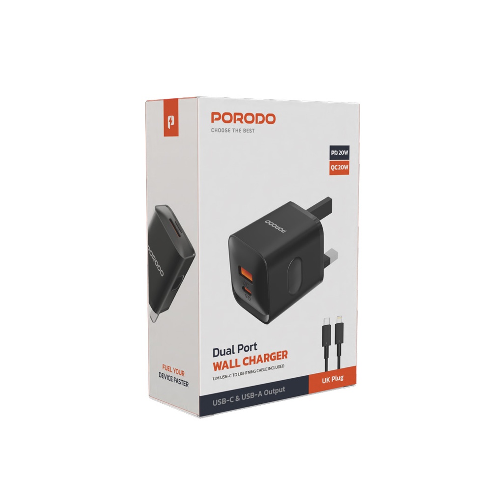 PORODO DUAL PORT WITH USB C TO LIGHTNING CABLE WALL CHARGER BLACK PD-FWCH022-L-BK thumbnail 15