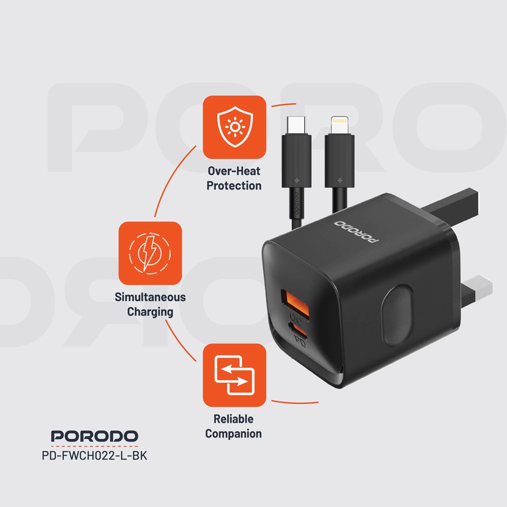 PORODO DUAL PORT WITH USB C TO LIGHTNING CABLE WALL CHARGER BLACK PD-FWCH022-L-BK thumbnail 14