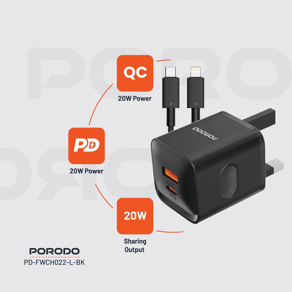 PORODO DUAL PORT WITH USB C TO LIGHTNING CABLE WALL CHARGER BLACK PD-FWCH022-L-BK thumbnail 13