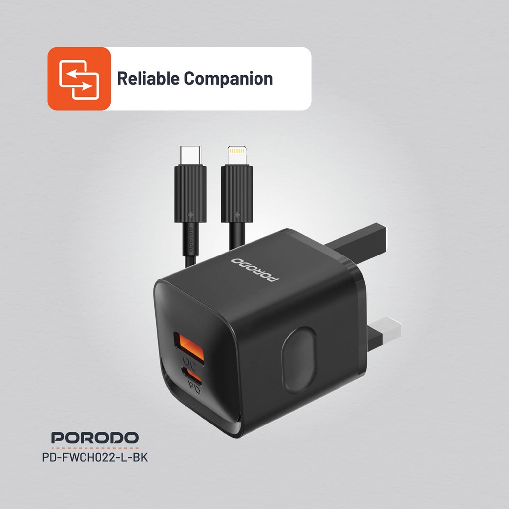 PORODO DUAL PORT WITH USB C TO LIGHTNING CABLE WALL CHARGER BLACK PD-FWCH022-L-BK thumbnail 12