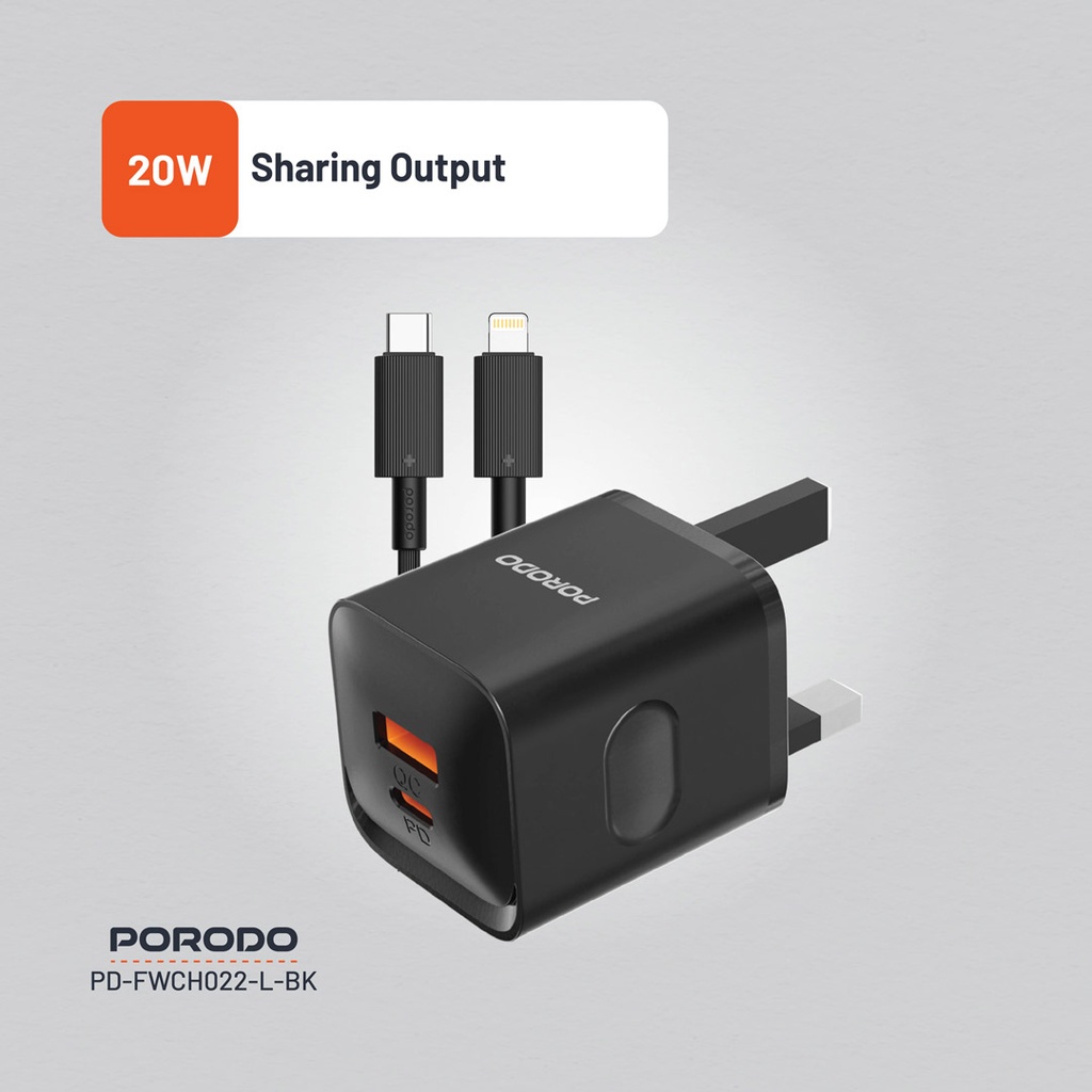 PORODO DUAL PORT WITH USB C TO LIGHTNING CABLE WALL CHARGER BLACK PD-FWCH022-L-BK thumbnail 5