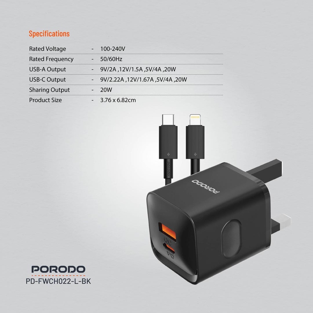PORODO DUAL PORT WITH USB C TO LIGHTNING CABLE WALL CHARGER BLACK PD-FWCH022-L-BK thumbnail 10