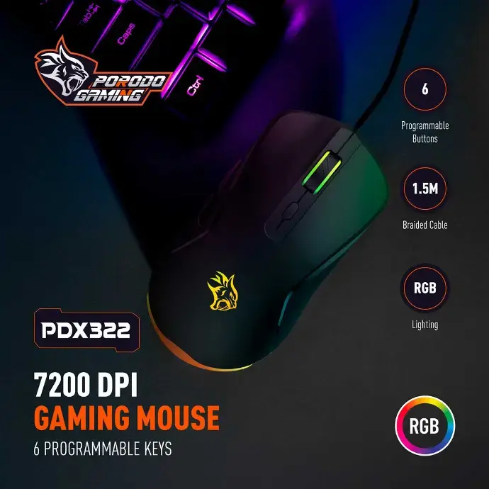 Porodo Gaming 7200 DPI RGB Gaming Mouse Black PDX322 thumbnail 3