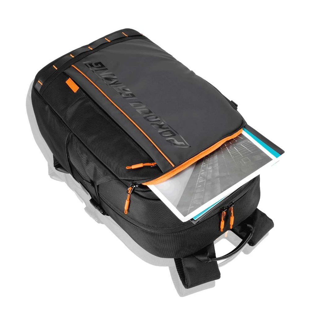 PORODO GAMING WATER RESISTANT PU LAPTOP BACKPACK WITH USB C PORT PS5 COMPATMENT BLACK ORANGE PDX534 thumbnail 3