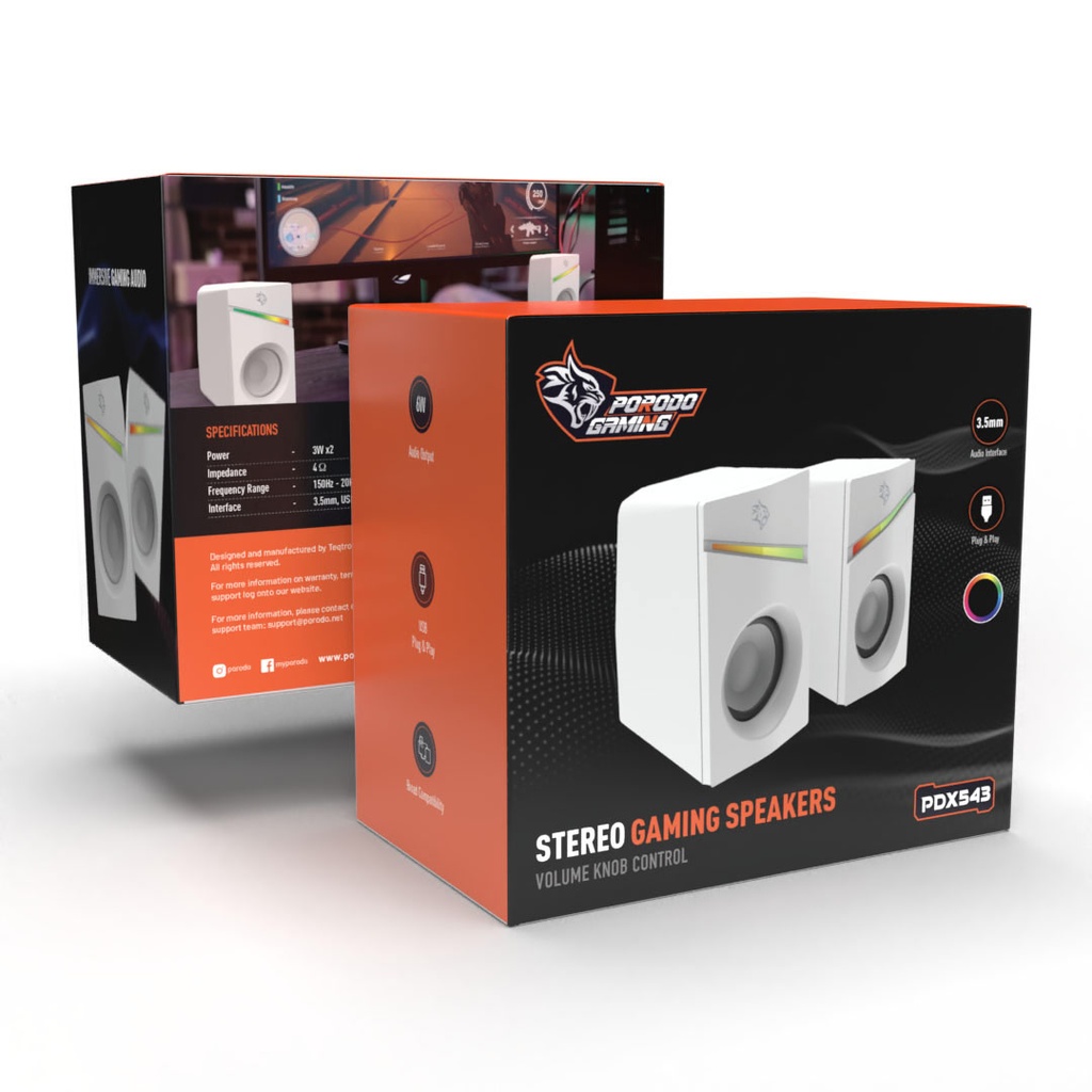 PORODO GAMING STEREO VOULME KNOB CONTROL GAMING SPEAKERS PDX543 WHITE PDX543-WH thumbnail 3