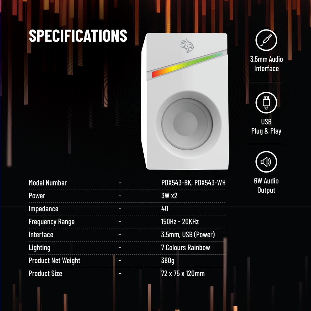 PORODO GAMING STEREO VOULME KNOB CONTROL GAMING SPEAKERS PDX543 WHITE PDX543-WH thumbnail 14