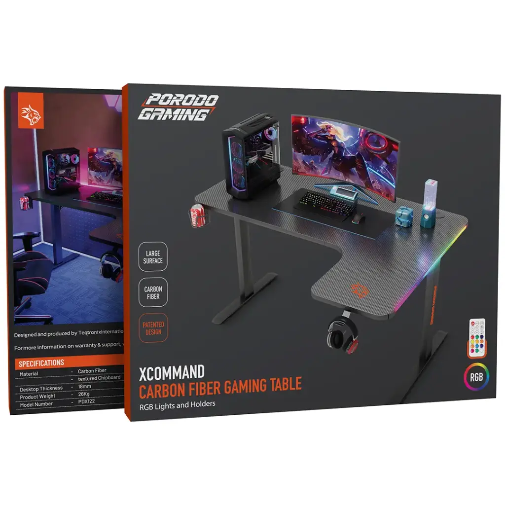 PORODO GAMING XCOMMAND CARBON FIBER GAMING TABLE RGB LIGHTS AND HOLDERS BLACK PDX122BK thumbnail 5