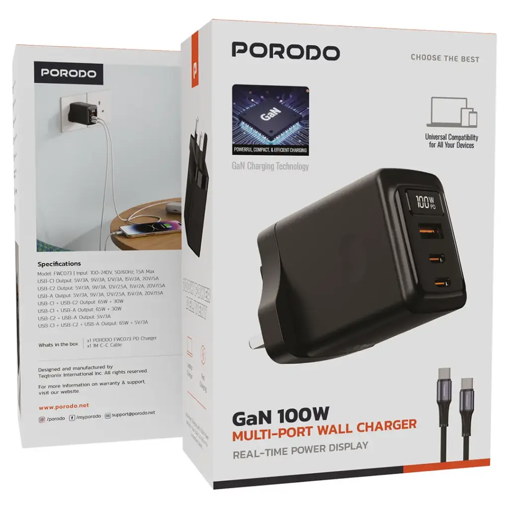 PORODO GAN 100W MULTI PORT WALL CHARGER TYPE C TO TYPE C CABLE BLACK PDFWCH073CBK thumbnail 9