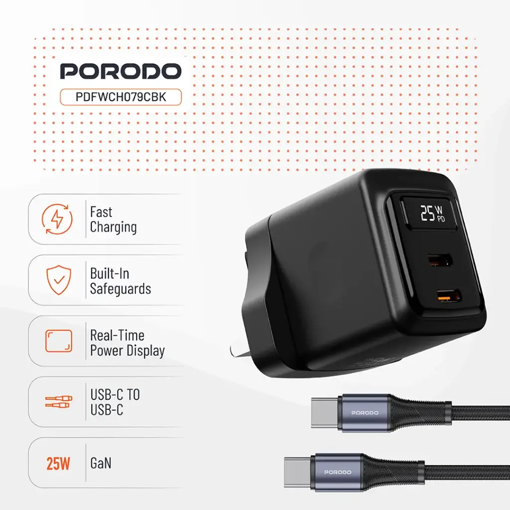PORODO GAN 25W DUAL USB C WALL CHARGER WITH TYPE C TO TYPE C CABLE BLACK PDFWCH079CBK thumbnail 3