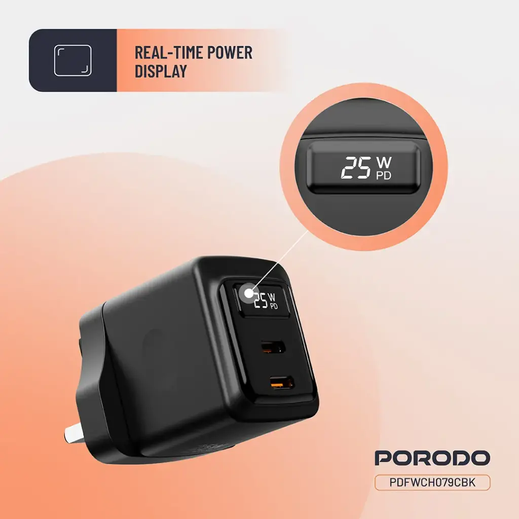PORODO GAN 25W DUAL PORT WALL CHARGER WITH TYPE C TO LIGHTNING CABLE CABLE BLACK PDFCH076LBK thumbnail 7