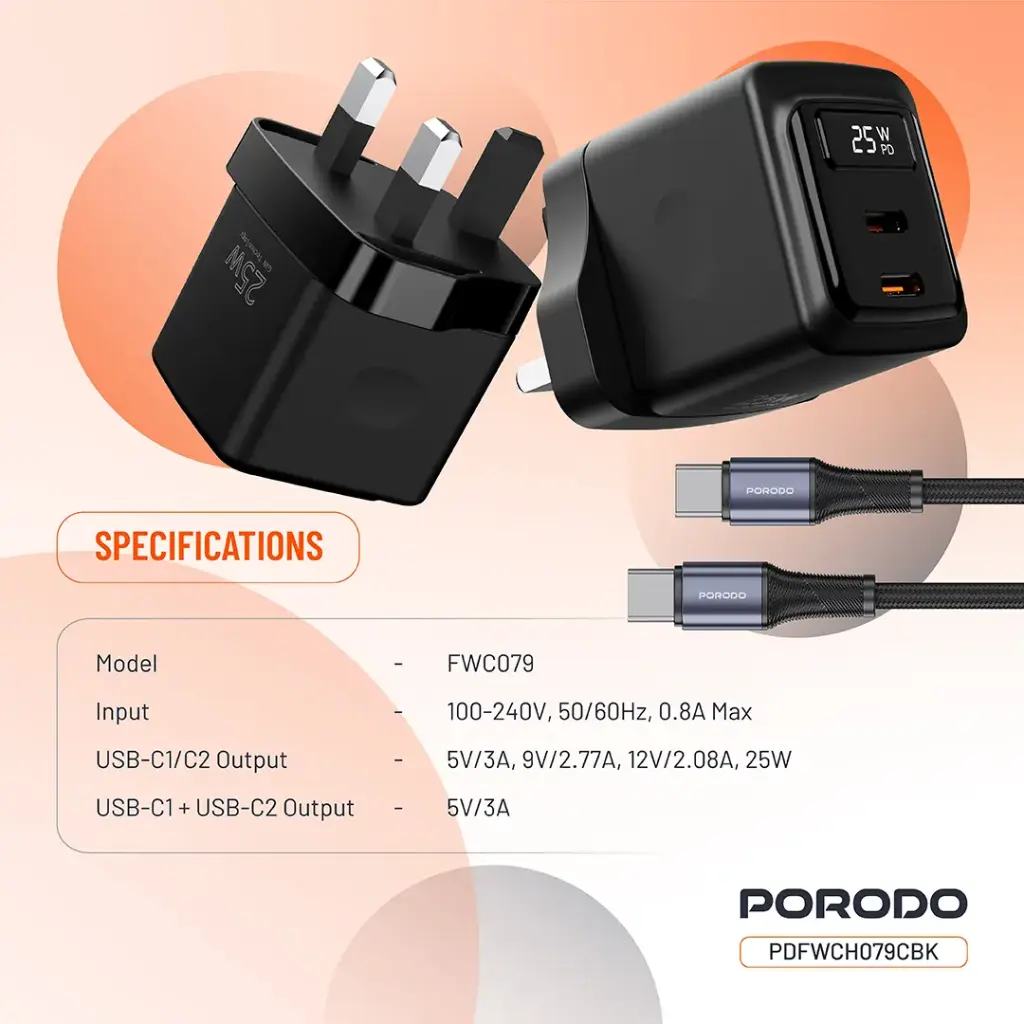 PORODO GAN 25W DUAL USB C WALL CHARGER WITH TYPE C TO TYPE C CABLE BLACK PDFWCH079CBK thumbnail 2
