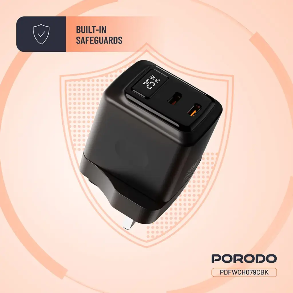 PORODO GAN 25W DUAL USB C WALL CHARGER WITH TYPE C TO TYPE C CABLE BLACK PDFWCH079CBK thumbnail 6